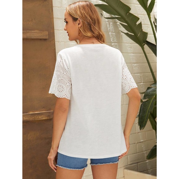 Maternity Notch v Neck Schiffy eyelet lace Sleeve Blouse white - Picture 2 of 5